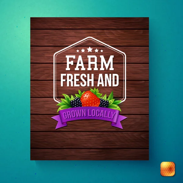 Farm Fresh Grown Illustration Vectorielle Locale Avec Texture Bois Cadre — Image vectorielle