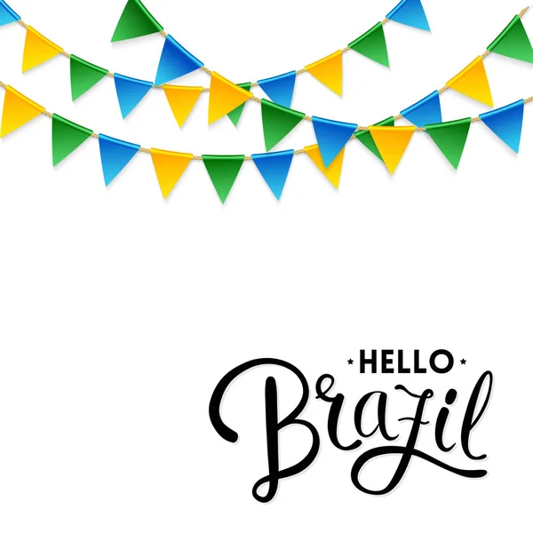 Hello Brazil Text Three Strings Blue Green Yellow Triangular Flag — стоковый вектор