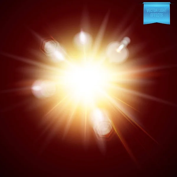 リアルな炎のような爆発的なバースト光放射光線 レンズフレアの効果 ベクター グラフィック効果 — ストックベクタ