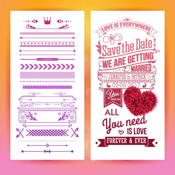Colorful Romantic Wedding Invitation Design Inspirational Text Hearts Alongside Selection — Stock Vector