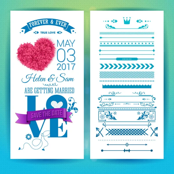 Sentimental Blue Wedding Invitation Design Red Heart Inspirational Text Banner — Stock Vector