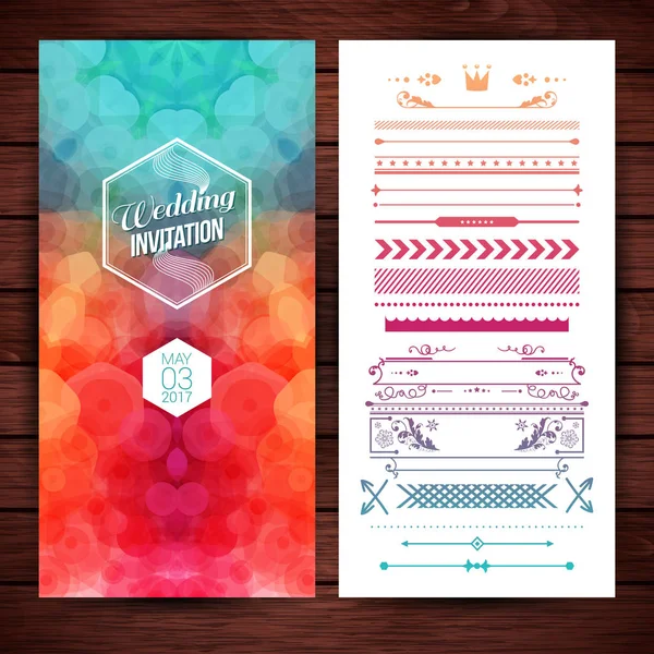 Colorida Plantilla Papelería Invitación Boda Azul Naranja Con Elegantes Bordes — Vector de stock