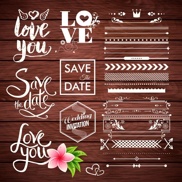 Vector Borders Lines Arrows Date Wedding Invitation Labels Wooden Background — Stock Vector