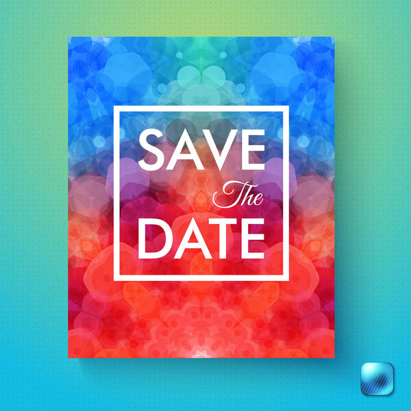 Colorful abstract Save the Date wedding invitation or event reminder with a vivid red to blue gradient hexagonal pattern over a gradient blue textured background with button