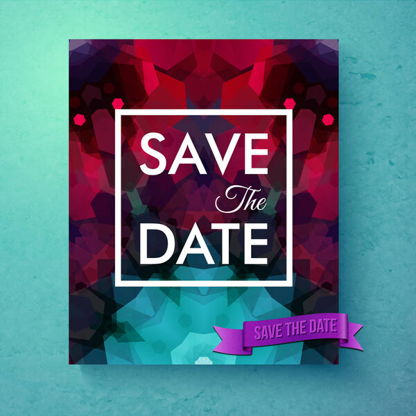 Generic Save the Date invitation card or announcement poster template with green and red and symmetrical tie dye shapes over gradient