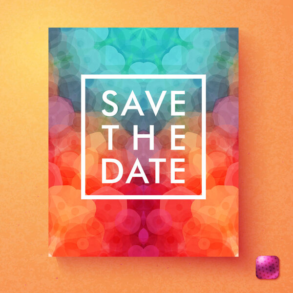Bright dynamic vector Save The date wedding invitation with central text in a square white frame over an abstract overlay hexagon pattern on red, pink and blue on a textured orange background