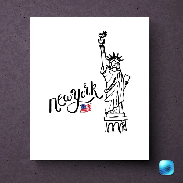 New York Statue Liberty Amerikaanse Vlag Briefkaart Sjabloon Donkere Achtergrond — Stockvector