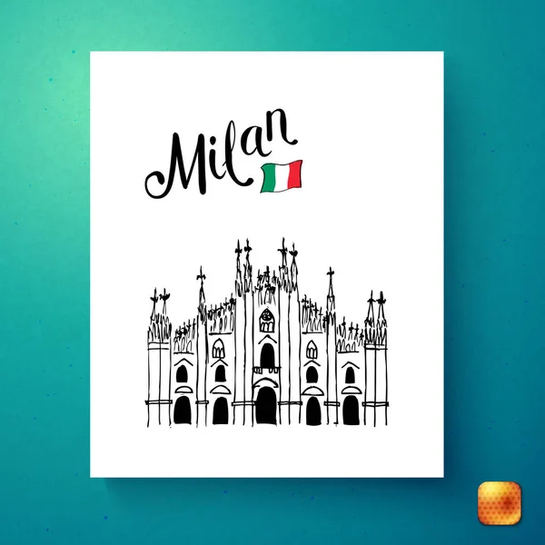 Milan Katedra Zegar Włoskiej Flagi Pocztówka Szablon Zielone Tło Gradientu — Wektor stockowy