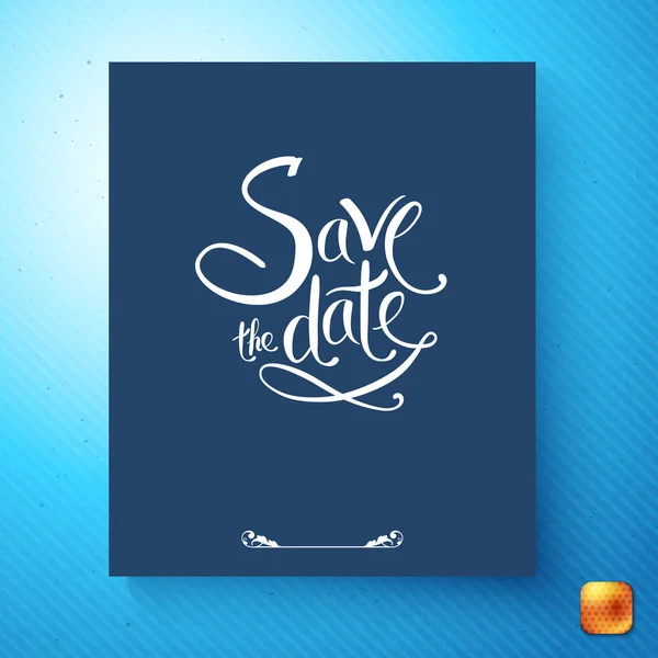 シンプルでスタイリッシュな日付結婚式招待状カード デザイン ライター ブルー抽象的なテクスチャとゴールド ボタンとパターン青の背景に白のスクリプト — ストックベクタ