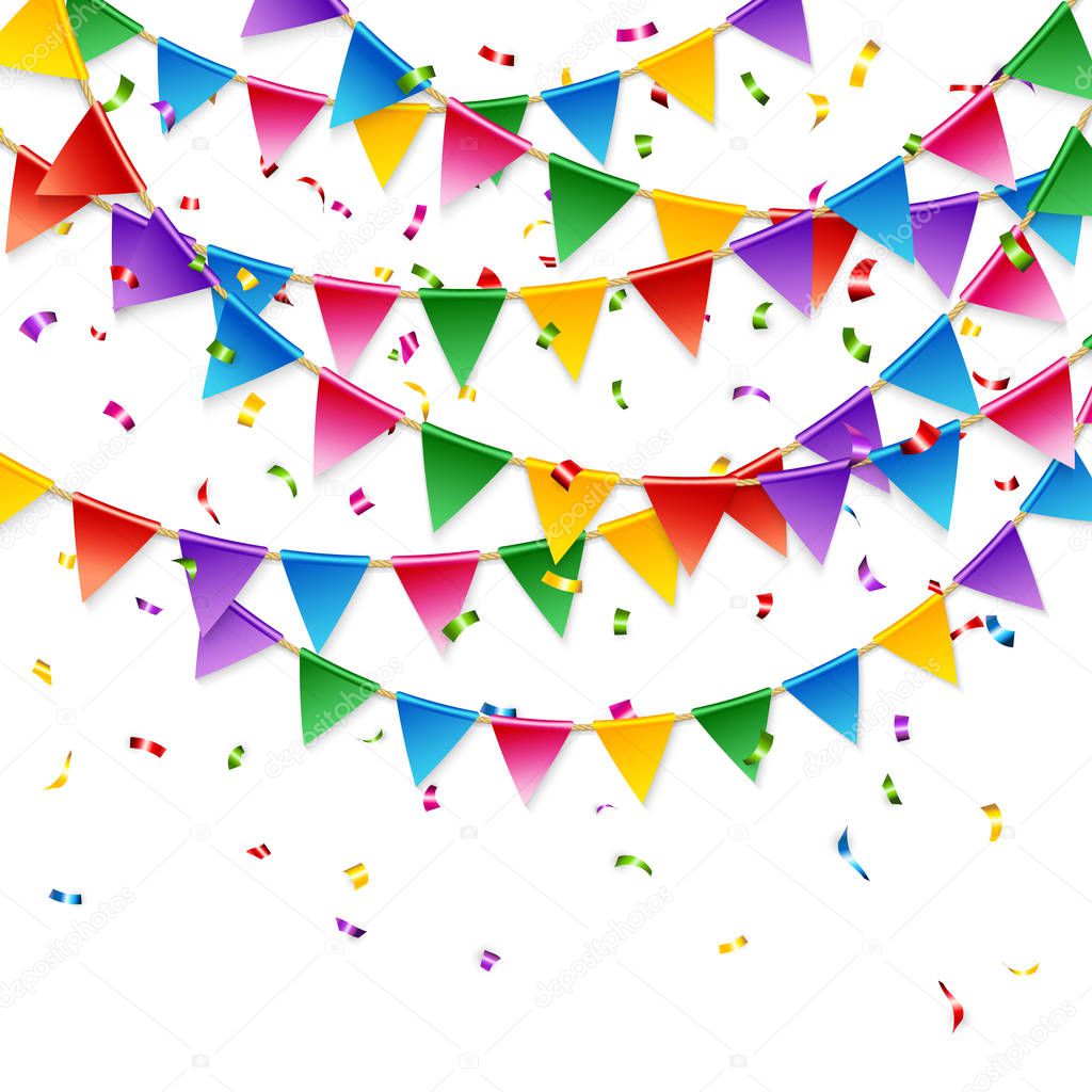 Full frame celebration card template with red, blue, purple, yellow and green triangular flags hanging on white background