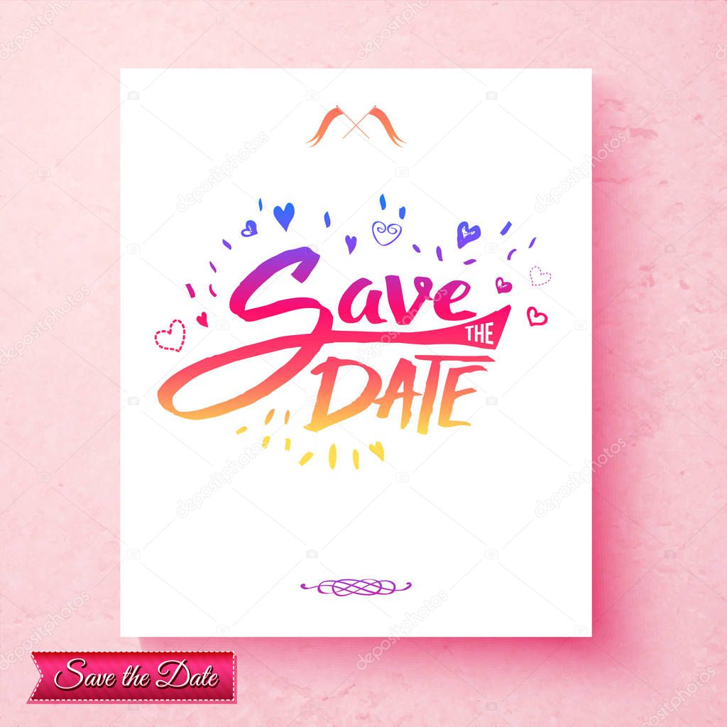 Save the date stationery text on white with pink border and blue fluttering hearts