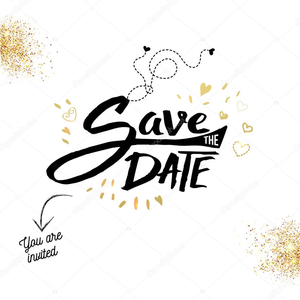 Save the date stationery with gold splash at the corners and fluttering hearts against a white background
