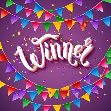 Kazanan duyuru Kırtasiye Kırtasiye mor adam üzerinde asılı kırmızı, mavi, sarı ve yeşil üçgen bayrakları ile