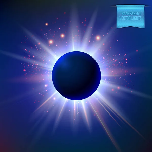 Totale Sonnenfinsternis Mit Funkelnden Sternenlichtern Und Leuchtenden Leuchtenden Fackeln Deep — Stockvektor