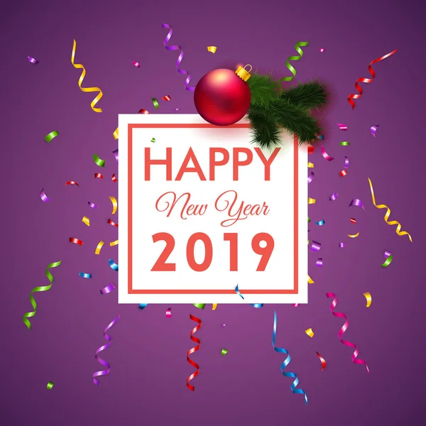 Red Central Happy New Year 2019 Text White Square Frame — Stock Vector