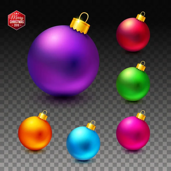 Helder Glanzend Realistische Kerstballen Transparante Achtergrond Set Van Zes Vectorillustratie — Stockvector
