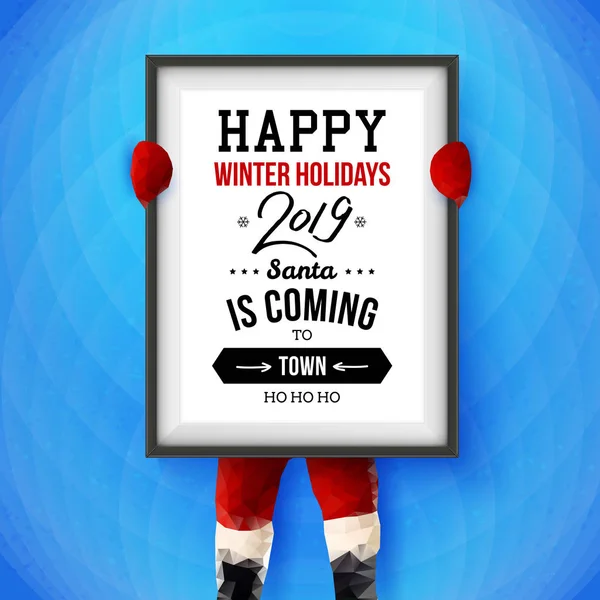 Vector Illustration Santa Holding Big Poster Frame Seasonal Greetings Patterned — Stock Vector