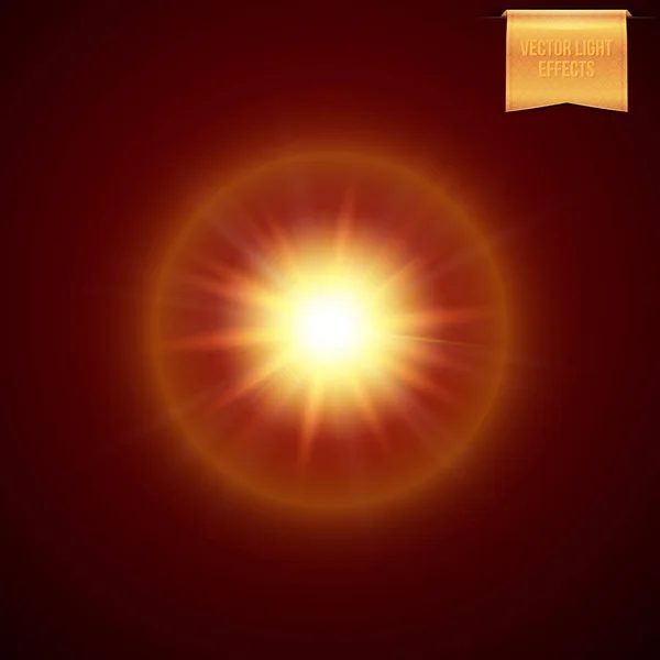 フレア コース 光ビーム暗い背景に光の効果をハローと現実的な黄色 オレンジ色の超新星星の爆発のベクトル イラスト — ストックベクタ