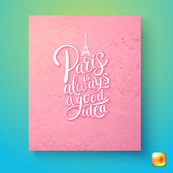 粉红色的巴黎总是一个好主意明信片模板在绿色和蓝色梯度背景与黄色按钮在角落 — 图库矢量图片