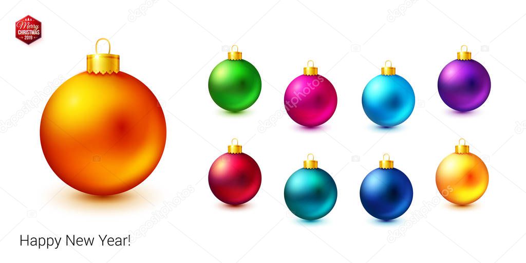 Set of shiny and bright colored Christmas balls on white background. Realistic objects.  Additional Happy New Year text  and red hexagonal Merry Christmas 2019 label. Vector illustration.