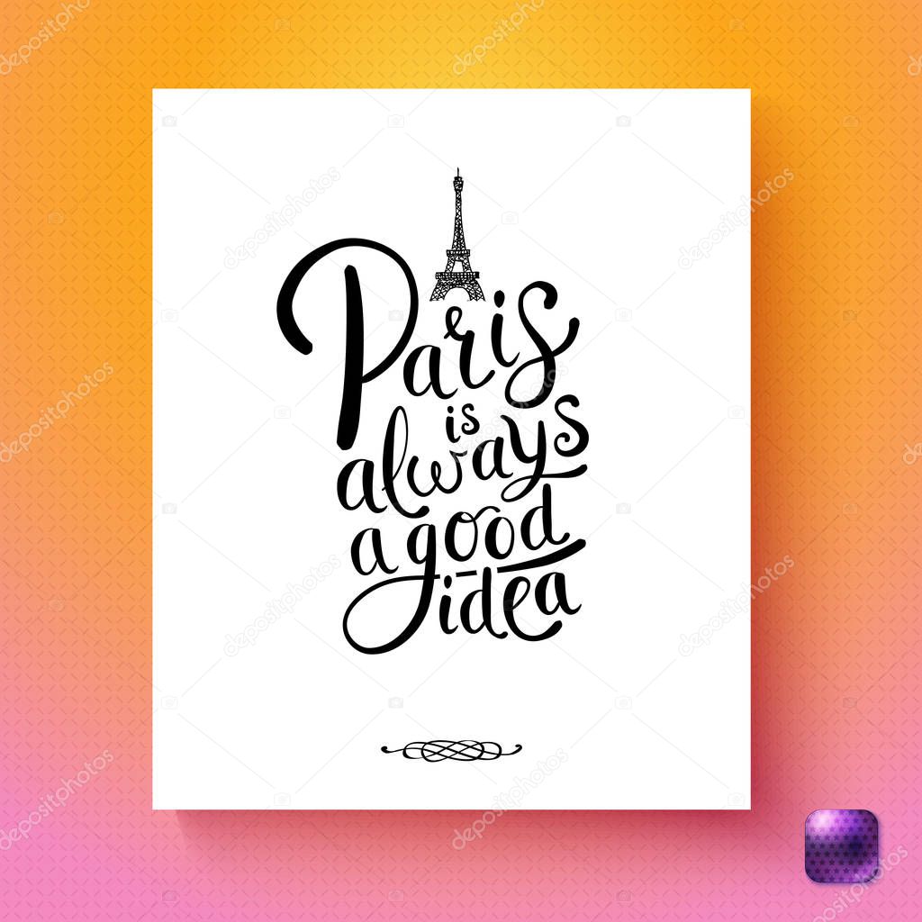 Black and white Paris is always a good idea postcard template over orange and pink gradient background with purple button in corner