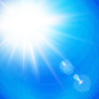 Masmavi bir gökyüzü güneş ile yayılan ışınları ile canlı Sunburst flare kare biçiminde vektör çizim.