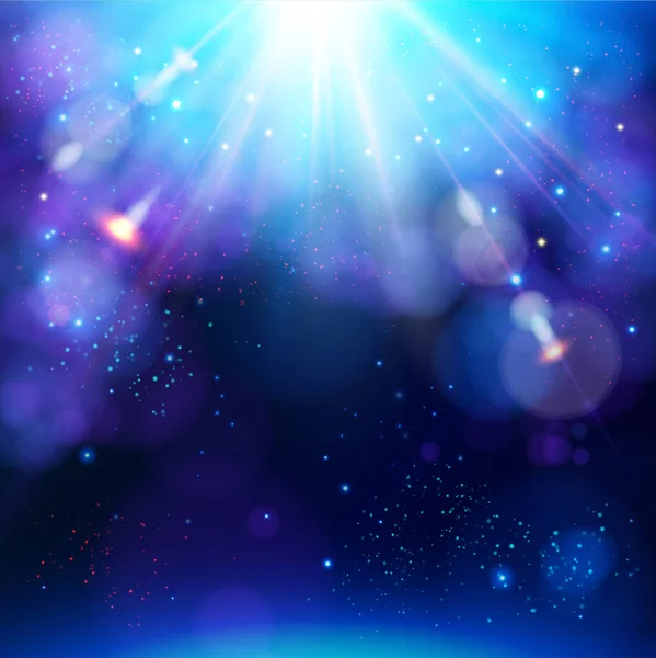 闪闪发光的蓝色节日明星爆发的背景与动态明亮的白色光线爆炸在闪烁的 Bokeh 为您的问候或文字 矢量插图 — 图库矢量图片