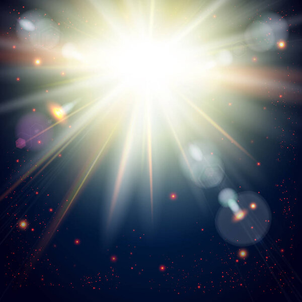 Bright sunburst on a Dramatic Cosmic background. Vector image.