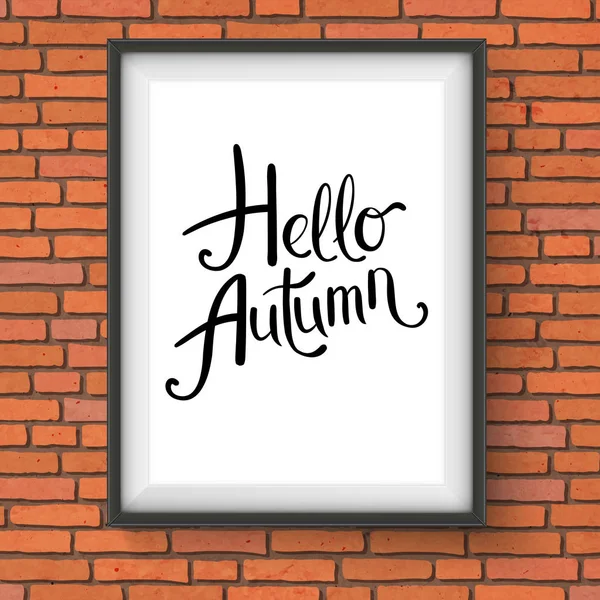 Hello Autumn Text Simple Black Picture Frame Hanging Red Brick Stock Illustration