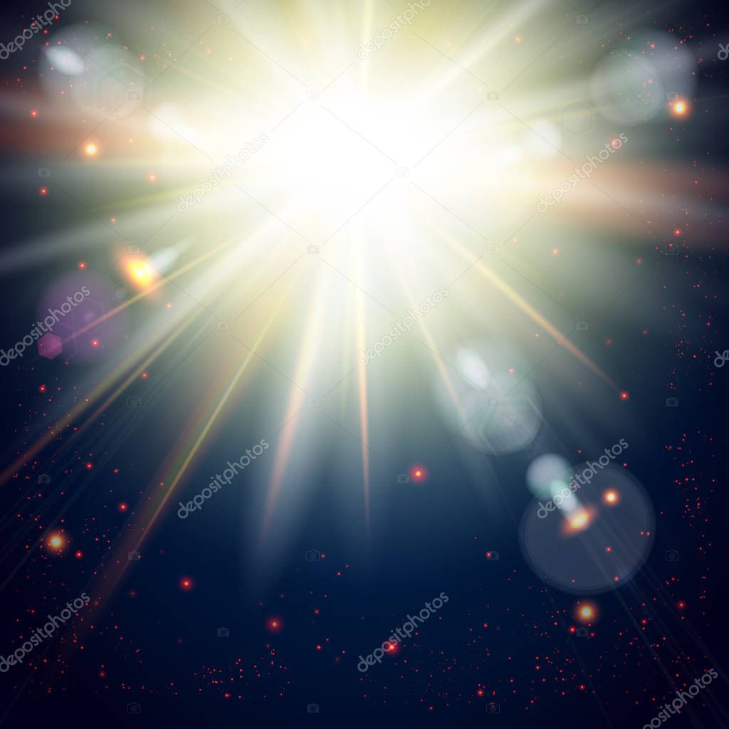 Bright sunburst on a Dramatic Cosmic background. Vector image.