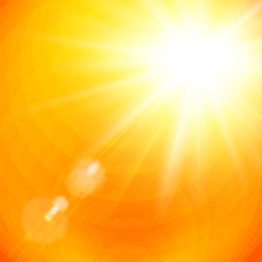 Kare biçiminde bir arka plan veya tasarım öğesi olarak kullanmak için güneş parlama ile dramatik canlı sunburst ateşli bir turuncu gökyüzünde. Vektör çizim.