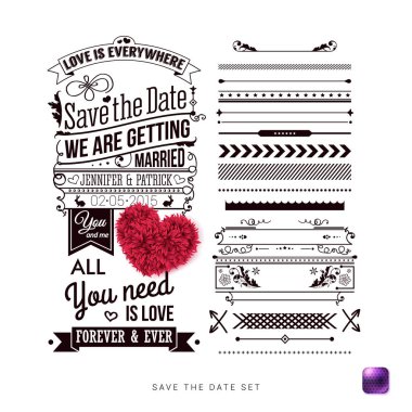 Kişisel tatil için tarih kaydedin. Tipografi tasarımı, sınır Patterns ayarla ve semboller ve dekoratif kalp yaprakları basit beyaz arka plan üzerinde yapılmış. Vektör çizim.