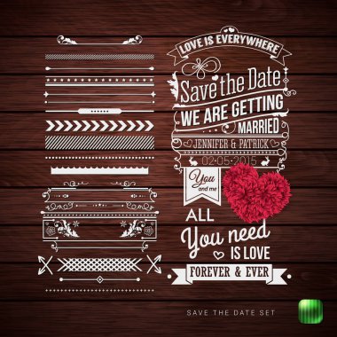 Kişisel tatil için tarih kaydedin. Tipografi tasarımı, sınır Patterns ayarla ve semboller ve rustik ahşap arka plan üzerinde dekoratif çiçek kalp. Vektör çizim.