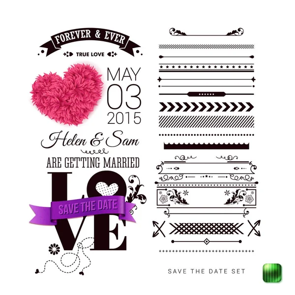 Invito Matrimonio Design Tipografico Set Motivi Simboli Confine Cuore Decorativo — Vettoriale Stock