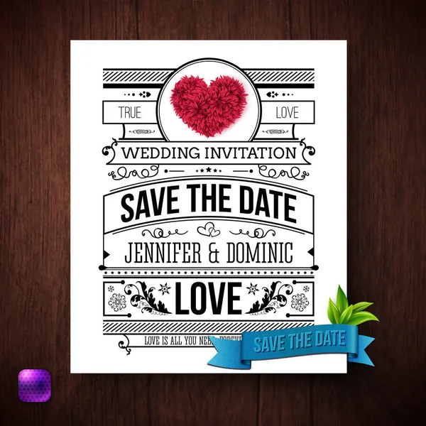 Spara Datum Bröllop Inbjudan Mall Med Svart Och Vit Text — Stock vektor