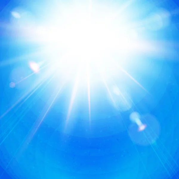 太陽と澄んだ青い空に放射線と明るいサンバーストは正方形フォーマットでフレアします ベクトル図 — ストックベクタ