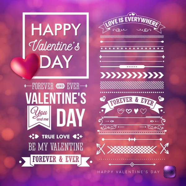 お祝いには ボケ味光効果を持つ紫色の背景がぼやけています バレンタインの日カードとヴィンテージの追加セットはデザイン要素です 現実的な赤いハート 白い文字体裁のテキスト ベクトル図 — ストックベクタ