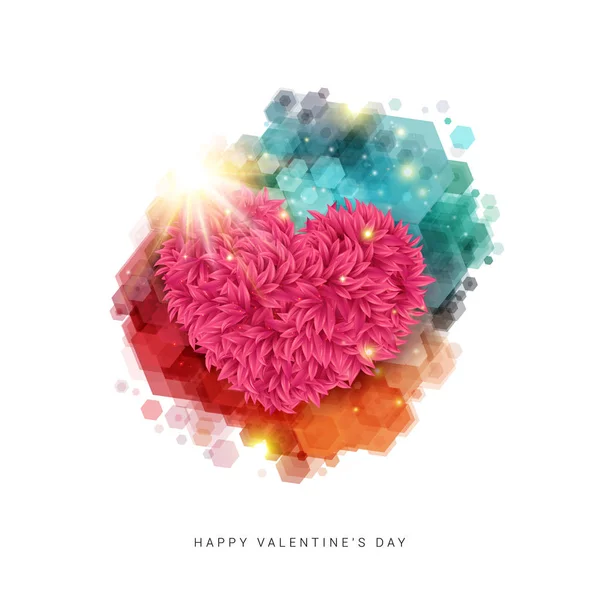幸せなバレンタインデー カード 輝く星の明るい光線で装飾花の中心 明るい色の六角形の汚れ ベクトル図 — ストックベクタ