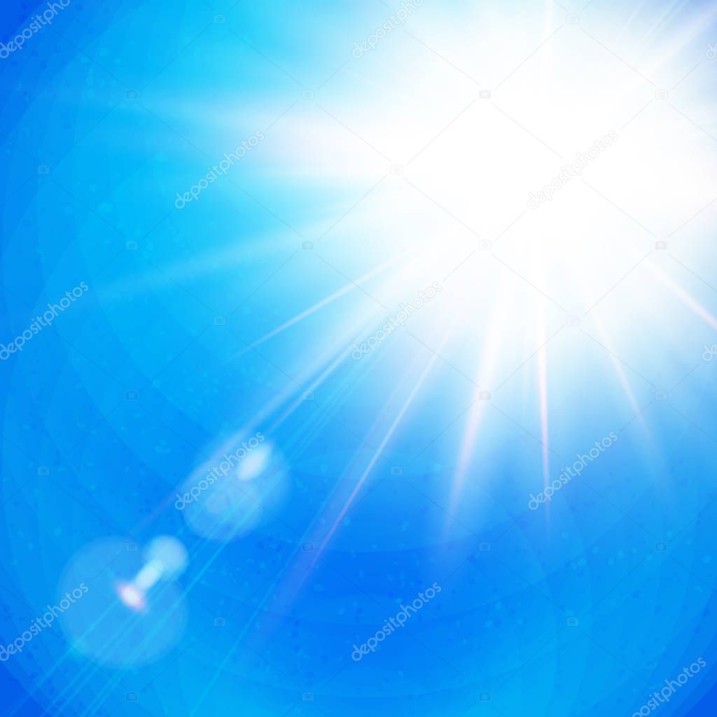 Bright white sunburst with radiating rays in a clear blue sky with sun flare in square format, vector illustration.