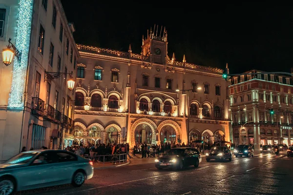 Vista Exterior Histórica Estação Rossio Noite Lisboa Portugal — Fotografia de Stock