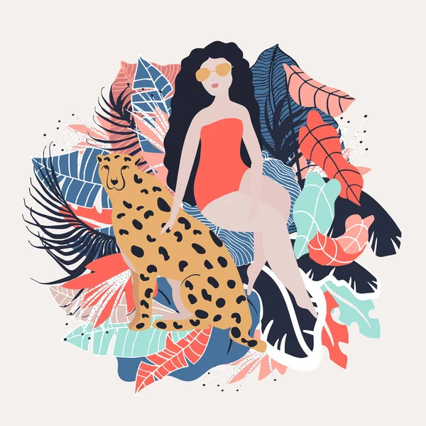 Cabelo Preto Tropical Girl Com Cheetah Paraíso Verão Selvas Tropicais —  Vetores de Stock