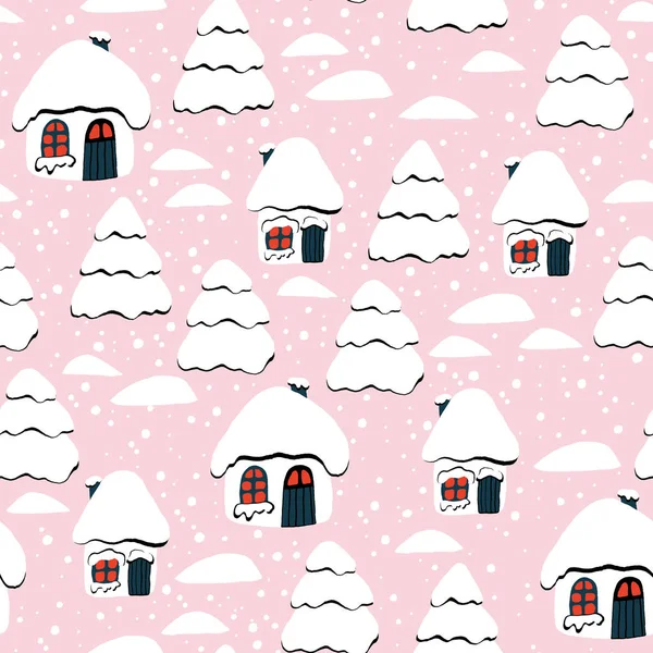 Vánoční Dovolená Vzor Bezešvé Domy Vánoční Zimní Plakát Kolekce — Stockový vektor