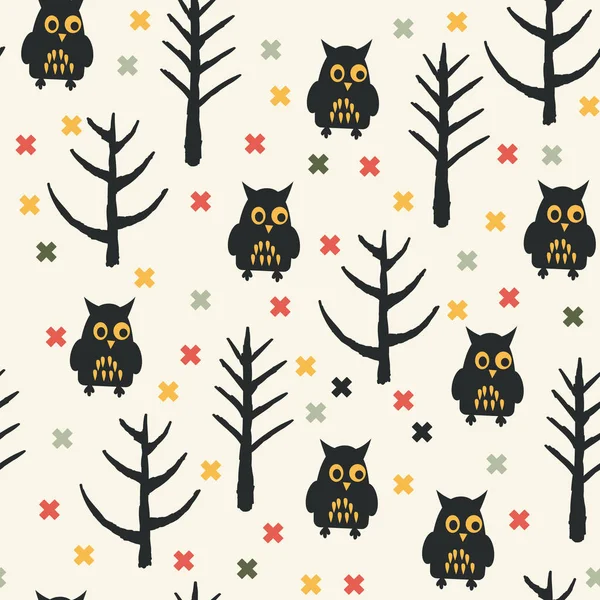 Forêt d'Halloween avec motif sans couture hibou noir — Image vectorielle