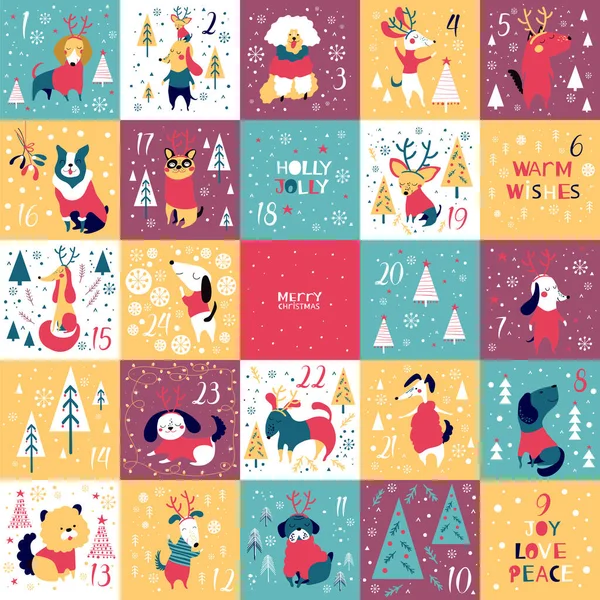 犬クリスマスアドベントカレンダー — ストックベクタ