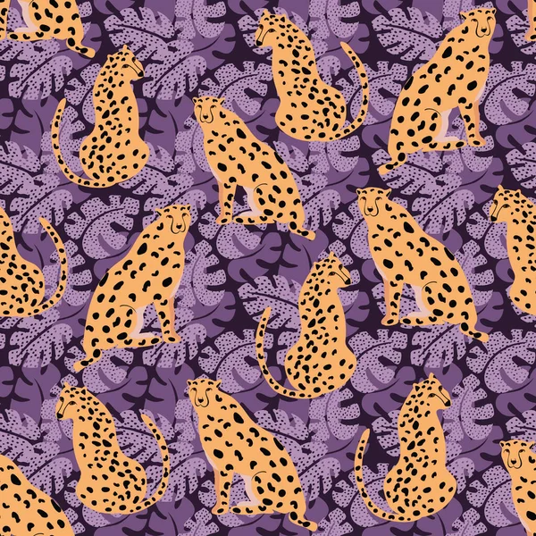 Cheetah Cheetah e Monstera Leaves — Vettoriale Stock