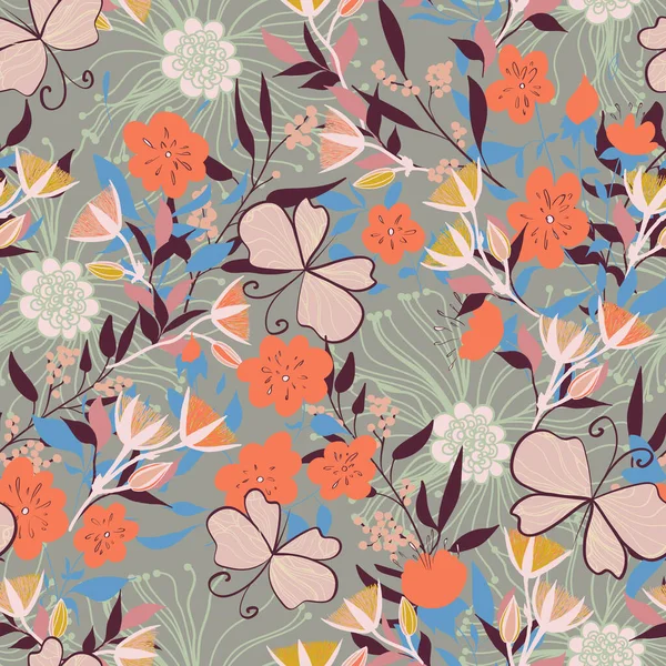 Sömlöst Mönster Med Blommiga Inslag Vintage Bakgrund Vektorillustration — Stock vektor