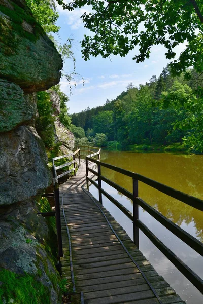 wooden footbridge over the water on a hiking trail along the river Luznice, southern Bohemia, Czech Republic