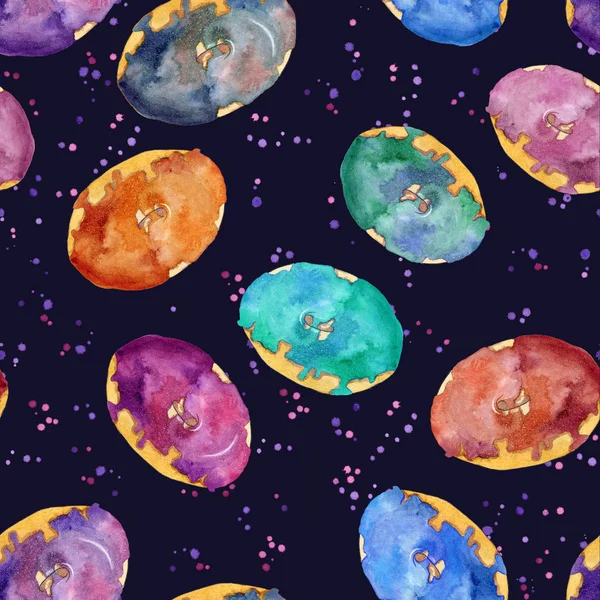Seamless pattern. Watercolor trendy illustration. Hand drawing. Cosmic donuts on a plum-colored background. Watercolor splashes. Great for room\'s decor, wallpaper, fabric, textile.