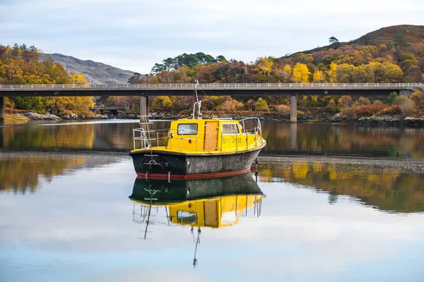 Morar Scotland November 2016 Small Yellow Fishing Boat Reflection Water — Stock Photo, Image