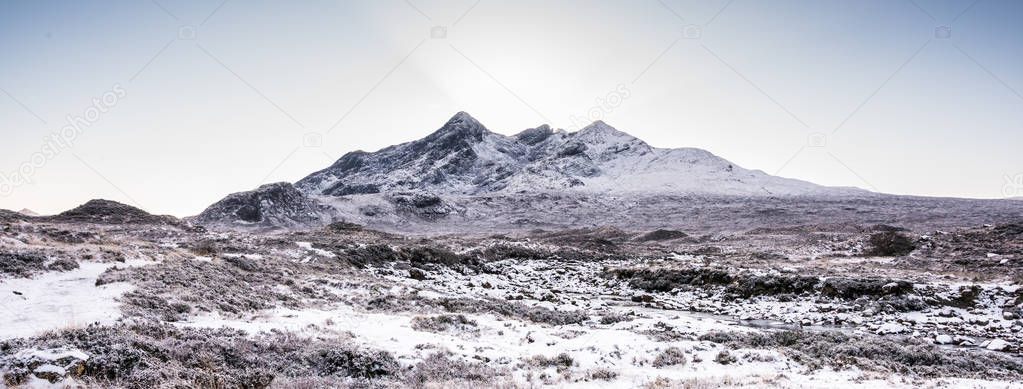 Isle of Skye landscape - winter scenery on Cuillin Hills, snow c
